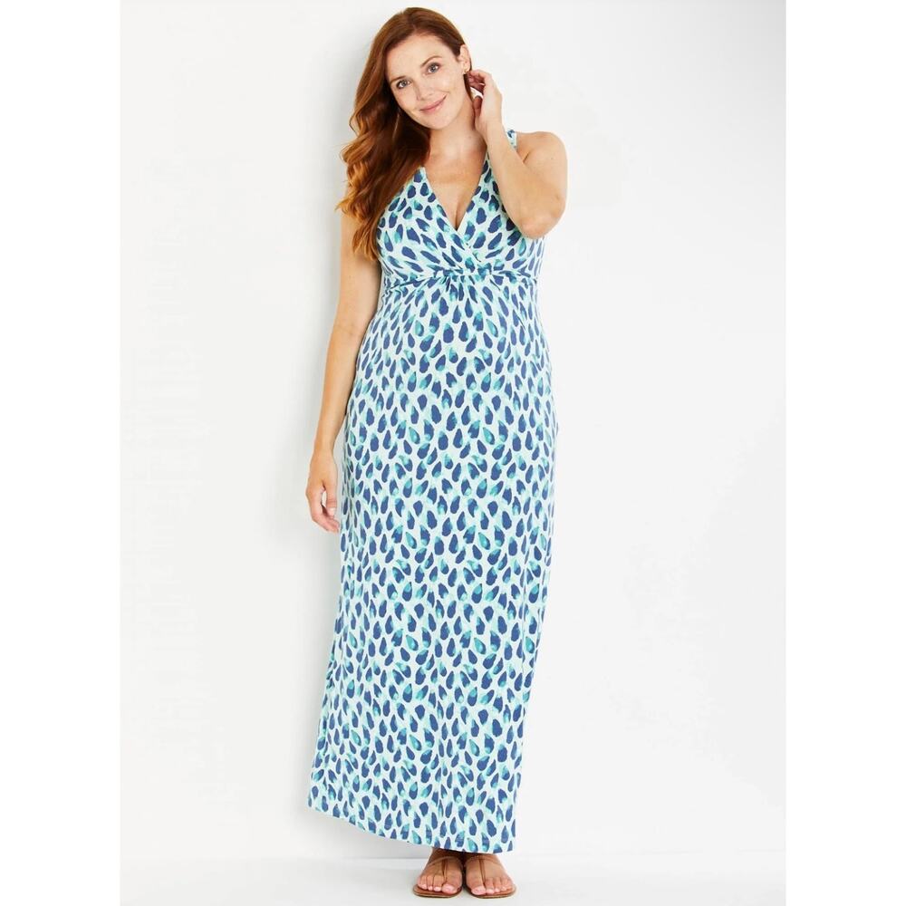 Motherhood Maternity Sleeveless Maxi Dress Women's 1X Blue Geometric 58" Long